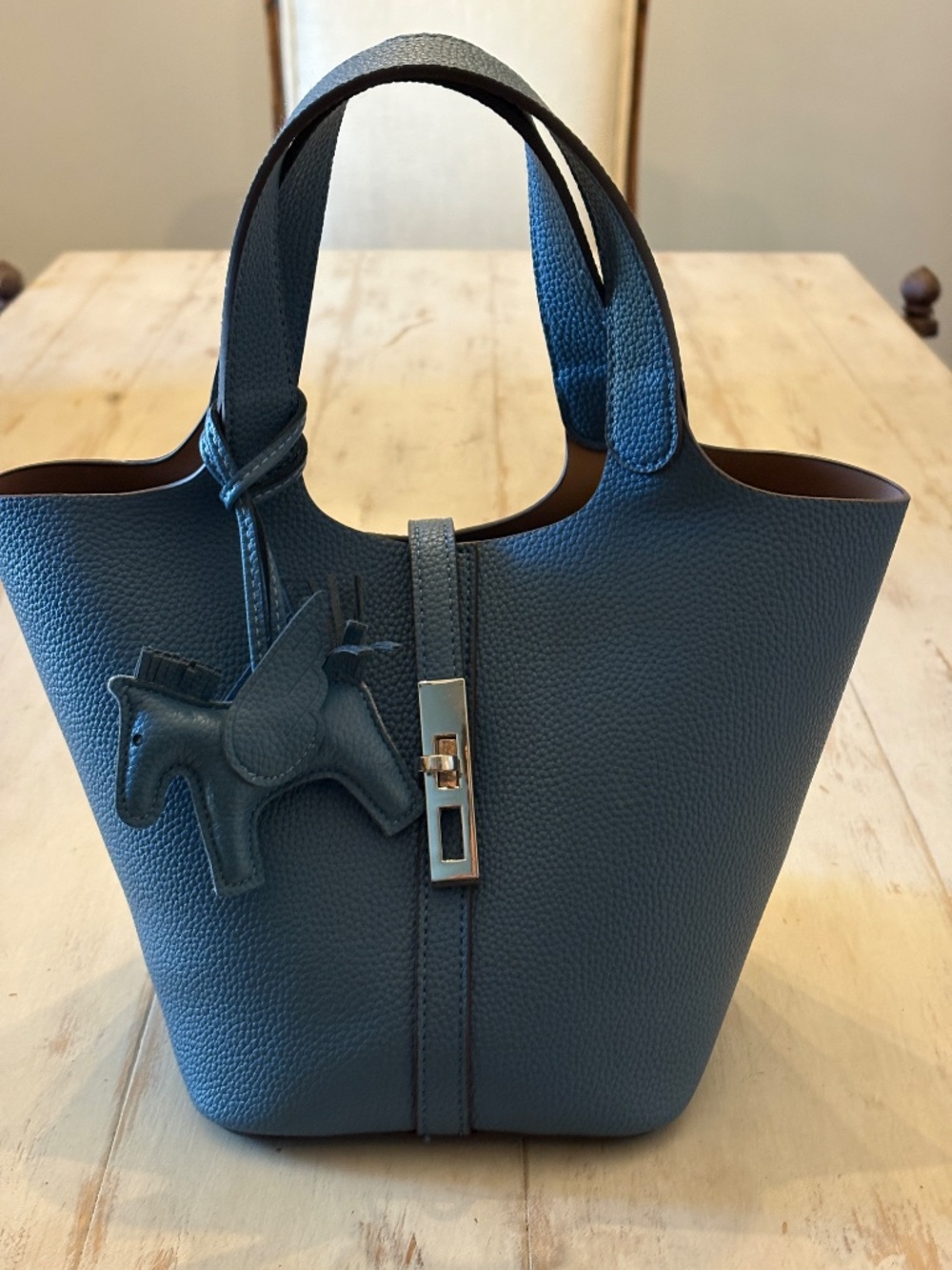 Vegan Leather Small Tote Bag with Horse Charm in Blue